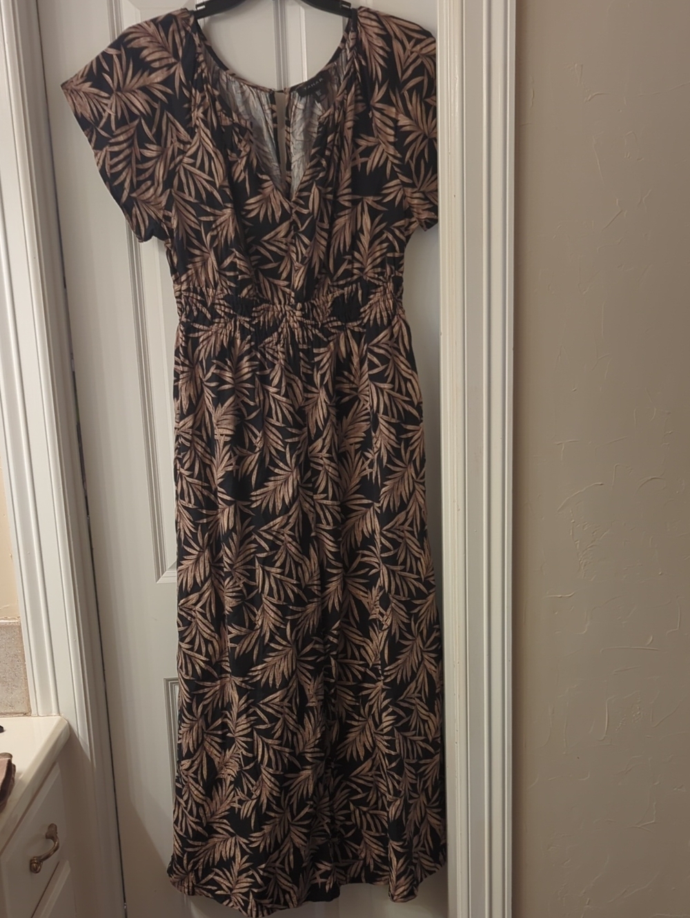 Tahari Black Jumpsuit with Tan Leaf Print